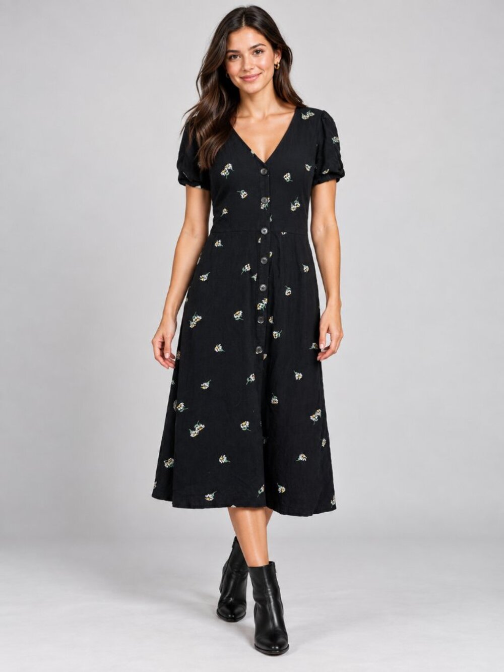 2/$30 Med Black Daisy Floral Midi Dress V-Neck Button Front Short Puff Sleeve
